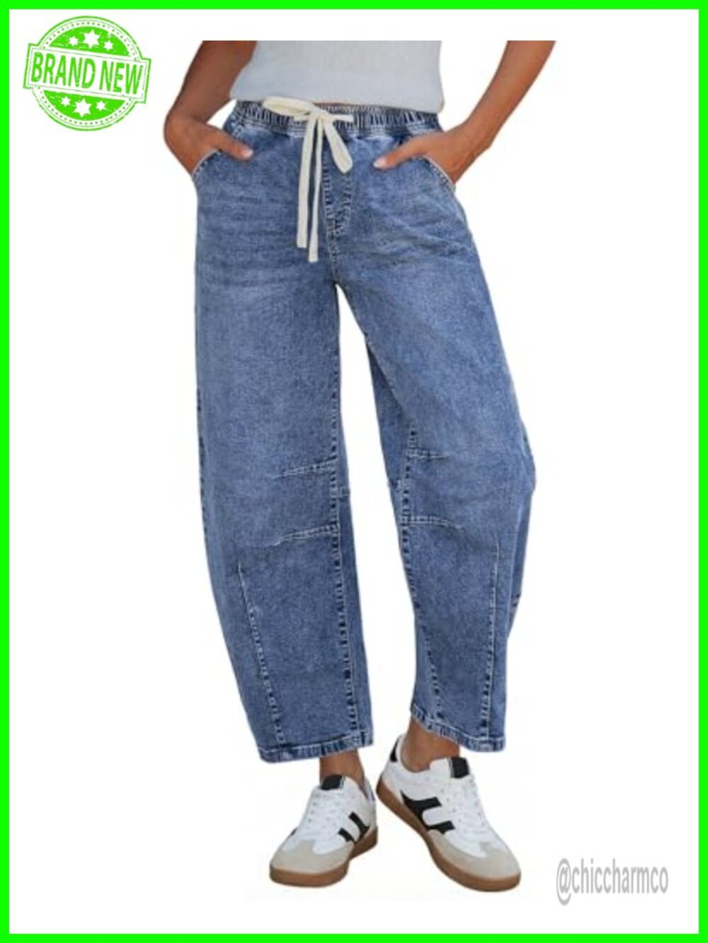 Women's High Rise Barrel Jeans Pull On Elastic Waist Crop Denim Pants